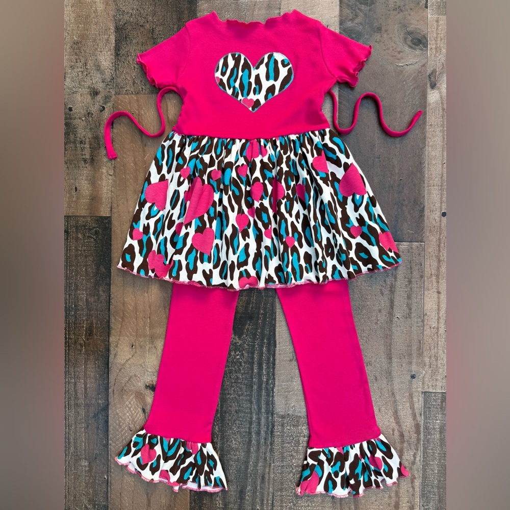 4T Hot Pink Heart Aqua Leopard Print Ruffled Top & Leggings Outfit